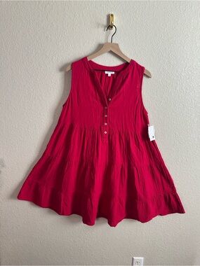 Westbound Red Linen Blend Tiered Dress